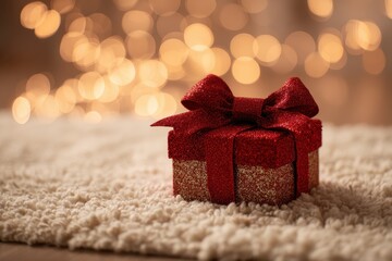 Bright red gift package adorned with a glittering bow lies on a cozy floor, softly lit by bokeh lights, creating a cheerful and festive atmosphere