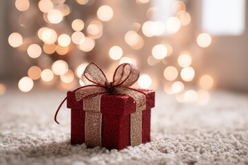 Bright red gift package adorned with a glittering bow lies on a cozy floor, softly lit by bokeh lights, creating a cheerful and festive atmosphere