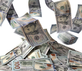 Flying dollars fall into a pile of bills isolated on white background
