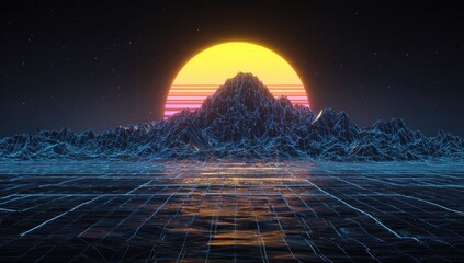 A retro-futuristic scene, mountains silhouetted by a vibrant sunset, neon grid ground