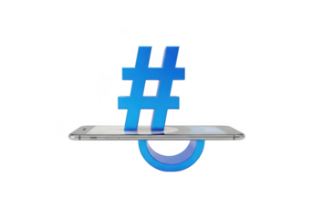 Blue hashtag symbol rises from a silver smartphone isolated on transparent background