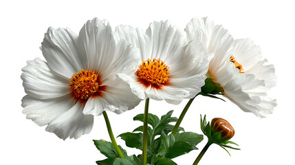 Obraz premium White Cosmos Flower Blossoms with Vibrant Orange Centers Against Black Backdrop