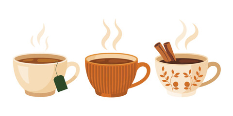Autumn mugs featuring warm hot drinks, in cozy seasonal colors ideal for fall themed design projects, home decor visuals, and comforting lifestyle graphics