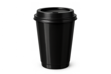 Black disposable coffee cup with lid isolated on transparent background, takeaway drink packaging mockup
