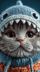 Adorable cat wearing knitted shark hat in charming close up portrait