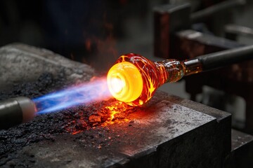 Molten glass glows bright orange as flame from a torch shapes it into a rounded form
