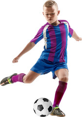 Fototapeta premium Young soccer player kicking ball on transparent background with determined emotion. Concept of youth football development, sports advertising, shooting drills, and coaching materials.