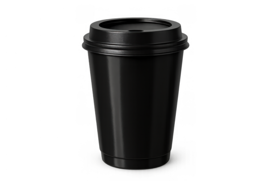 Black disposable coffee cup with lid isolated on transparent background, takeaway drink packaging mockup