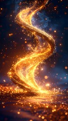 Golden light spiral with glowing particles on a dark background, abstract energy flow.