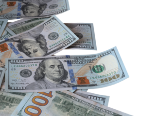 Cash US hundred dollar bills isolated on transparent background for financial concept.