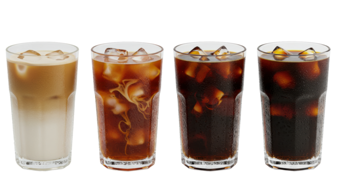 Four tall, clean glasses of iced coffee (latte, milk-infused, black) with clear ice and condensation, on a transparent studio background, ultra-detailed macro shot, premium coffee menu advertising