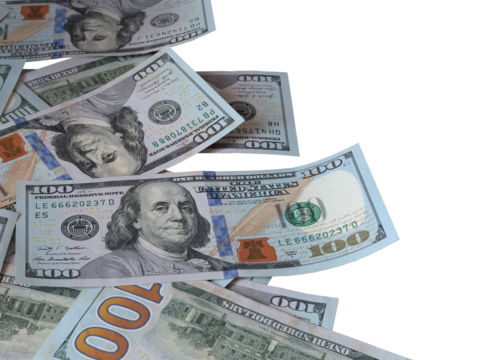 Cash US hundred dollar bills isolated on transparent background for financial concept.
