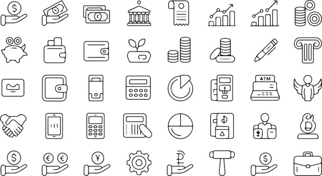 Outlined icons depict various business, finance, and investment concepts clearly on a transparent background