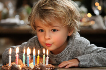 Child celebrates birthday by blowing out candles on a chocolate cake with joy