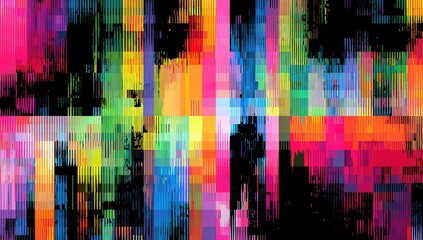 Abstract mosaic of pixelated vertical stripes in vibrant hues with black space