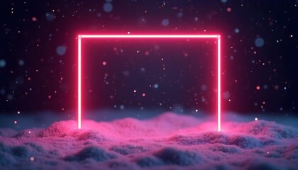 Fototapeta premium glowing neon frame with soft snow particles, minimal holiday background, clean modern tech aesthetic, vivid colors, dark atmospheric backdrop.