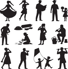 Various people silhouettes depicting different activities and occupations concept
