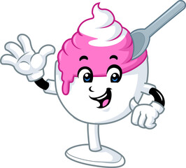 Happy Pink Ice Cream Cup Mascot Waving