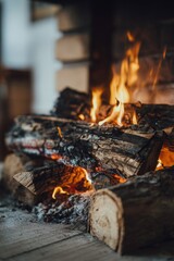 Aesthetic Stack of Cut Firewood Logs, Warm and Rustic Winter Atmosphere