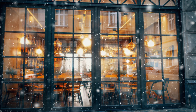 Cozy cafe glows warmly through large window panes as snow falls gently outside creating a peaceful winter scene, inviting customers in from the cold.