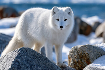 Naklejka premium Arctic Fox Standing on Rocks Near Water