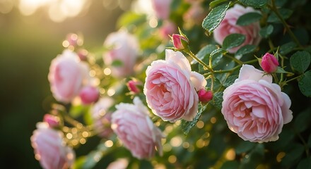 Pink roses bloom in soft golden sunlight with dew drops.
