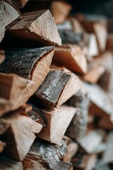 Aesthetic Stack of Cut Firewood Logs, Warm and Rustic Winter Atmosphere