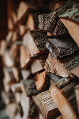 Aesthetic Stack of Cut Firewood Logs, Warm and Rustic Winter Atmosphere