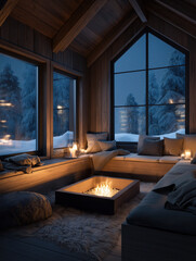 Snowy wood cabin lounge at night with glowing indoor fire and cozy cushions — warm hygge winter interior