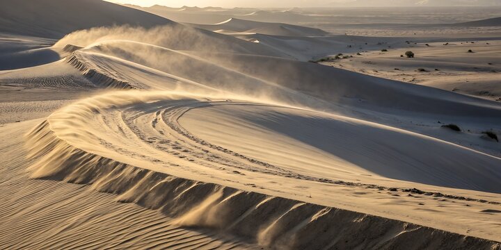 Sand Dunes Landscape with Wind Blowing Sand Across Ridges Creating Dynamic Patterns and Textures in Arid Desert Environment at Sunset Golden Light Creating Dramatic Shadows