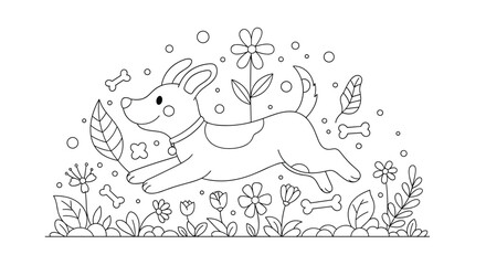 A whimsical black and white coloring page featuring a cute cartoon dog happily leaping through a garden of flowers and floating bones.