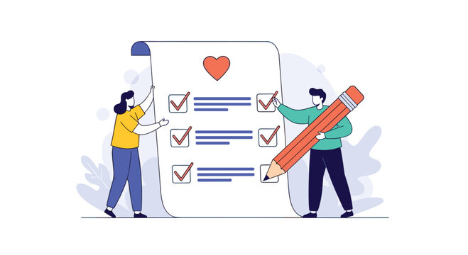 A flat vector illustration of a couple working together to check off items on a large to-do list with a heart symbol at the top.