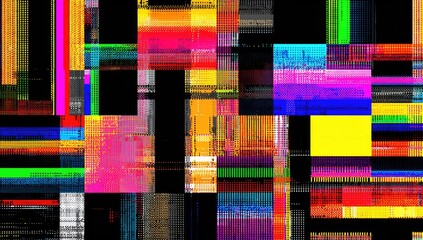 Abstract digital art with vibrant rectangular and linear shapes. Overlapping blocks and glitchy