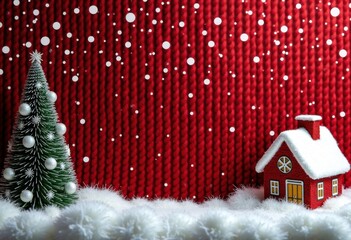 Red Christmas or New Year knitted texture background with cute knitted house, Christmas tree and snow, trendy poster or greeting card template with space for text