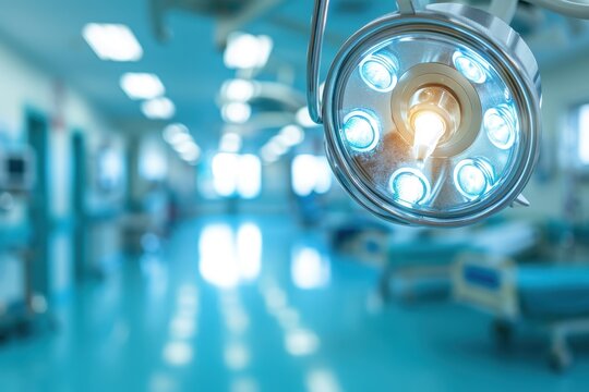 A close-up of a surgical light with a blurred hospital background, showcasing a modern medical environment.