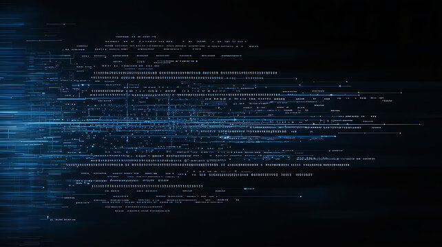 Abstract data stream visualization representing digital information processing with glowing lines and characters against a dark background