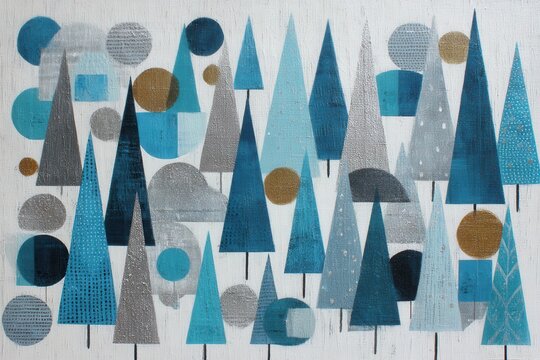 Colorful geometric shapes blend with icy blue tones and shimmering silver accents, evoking a cheerful holiday spirit in a serene winter landscape