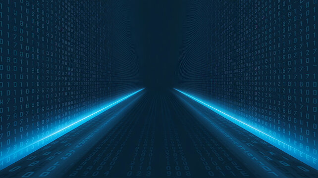 Abstract data stream with binary code and light trails highlighting network connections and digital pathways