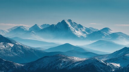 Majestic Snow-Capped Mountains Under a Clear Blue Sky at Dusk