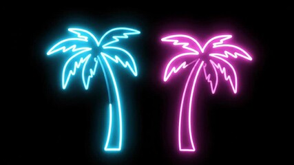 Vibrant neon palm trees glowing in electric blue and hot pink, a modern tropical vibe with a fun, energetic feel perfect for summer promotions