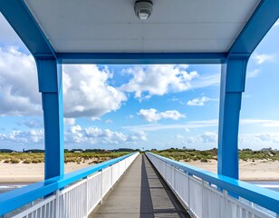 Fototapeta premium Blue walkway over beach with white rails leads to distant horizon under a cloudy sky
