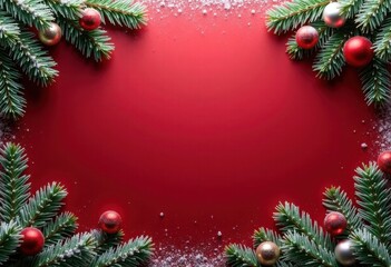 Merry Christmas and Happy New Year red background decorated with fir branches, color Christmas balls and snow; card template with space for text