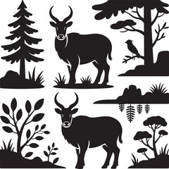 Wildlife Silhouette Scene with Antelope Deer and Trees Vector Design