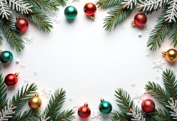 Merry Christmas and Happy New Year white background decorated with fir branches, color Christmas balls and snow; card template with space for text