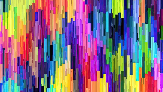 Abstract, colorful vertical bars of various sizes creating a textured, vibrant, digital composition