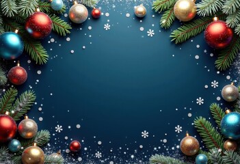Merry Christmas and Happy New Year blue background decorated with fir branches, color Christmas balls and snow; card template with space for text