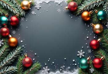 Merry Christmas and Happy New Year gray background decorated with fir branches, color Christmas balls and snow; card template with space for text