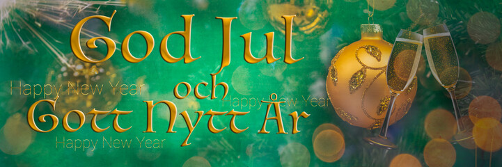 "God Jul och Gott Nytt Ar" means "Merry Christmas Happy New Year" in Swedish. Blurred background of two glasses of champagne with golden lights. Fireworks. Celebration. Bokeh. 2026. Greeting Sweden.