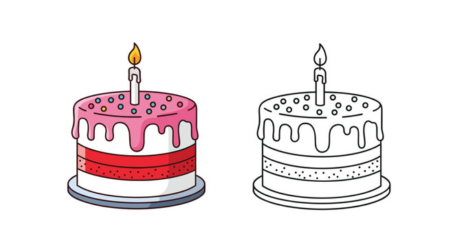 Pink birthday cake with dripping frosting sprinkles and one lit candle shown in a colored version and a coloring book outline.