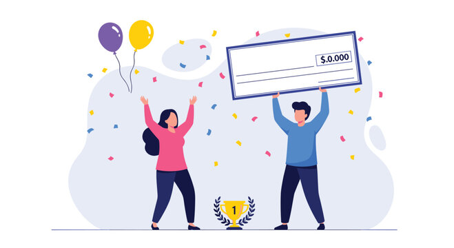 Cheerful man and woman celebrate a victory with confetti and balloons while the man holds up a giant novelty check for their winnings.